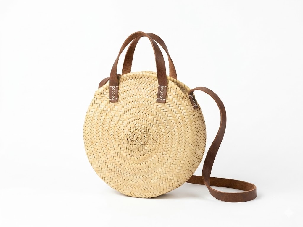 Bolso Temsia Bolso redondo de hojas de palma y cuero.
