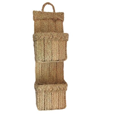 Revistero de Pared de Esparto Natural Tejido a Mano, Organizador Colgante Rústico de 2 Cestas,Decoración Boho Chic y Ecológica, Marroquí