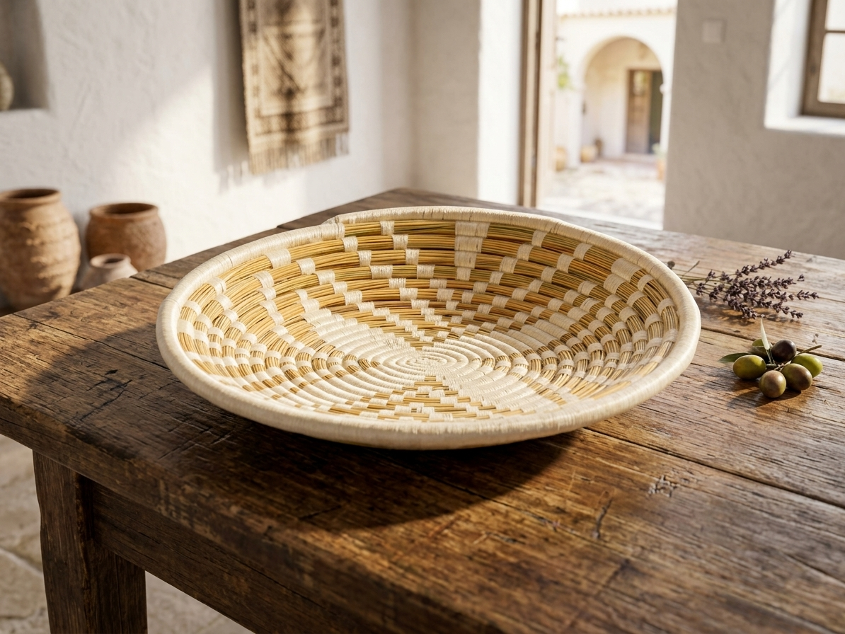 Bandeja bereber Jebel Bandeja Bereber Artesanal de Mimbre Blanco 45 cm - Cesta Decorativa de Pared y Mesa | Adorno de Cestería Marroquí para Hogar Estilo Bohemio y Mediterráneo