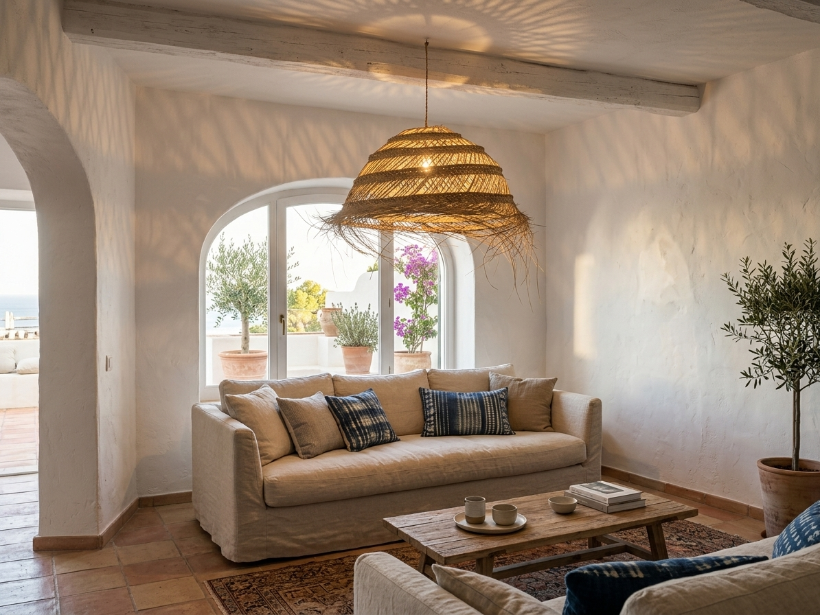Lámpara de esparato Chefchaouen Pantalla colgante tejida a mano con fibras naturales de esparto, aportando un toque cálido, auténtico y rústico a cualquier estancia de la casa.